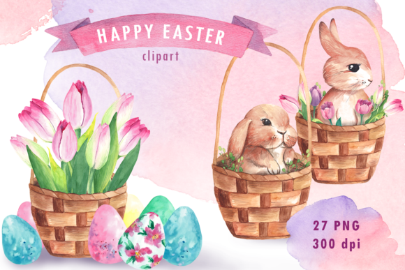 Download Watercolor Easter Bunny Basket Clipart - Watercolor easter Collection