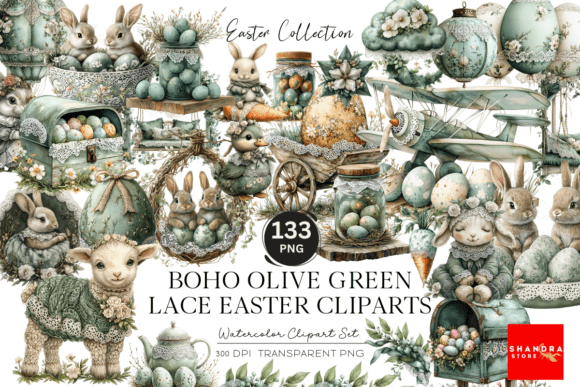 Download Boho Olive Green Lace Easter Cliparts - Green Collection