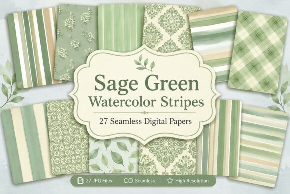 Download Sage Green Watercolor Stripes Digital - Green Collection
